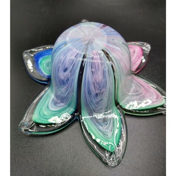 Art Glass Star Flower Votive Dish, Pastel Swirl Colors, Clear Rim – Murano Style - Picture 7 of 10